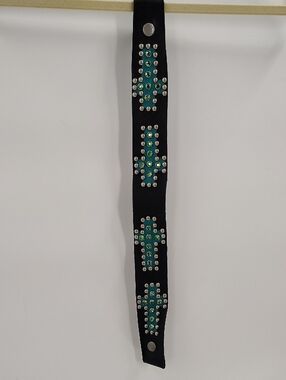 Two Bar West Strap Turquoise Cross On Black Rhinestones And Brads Leather